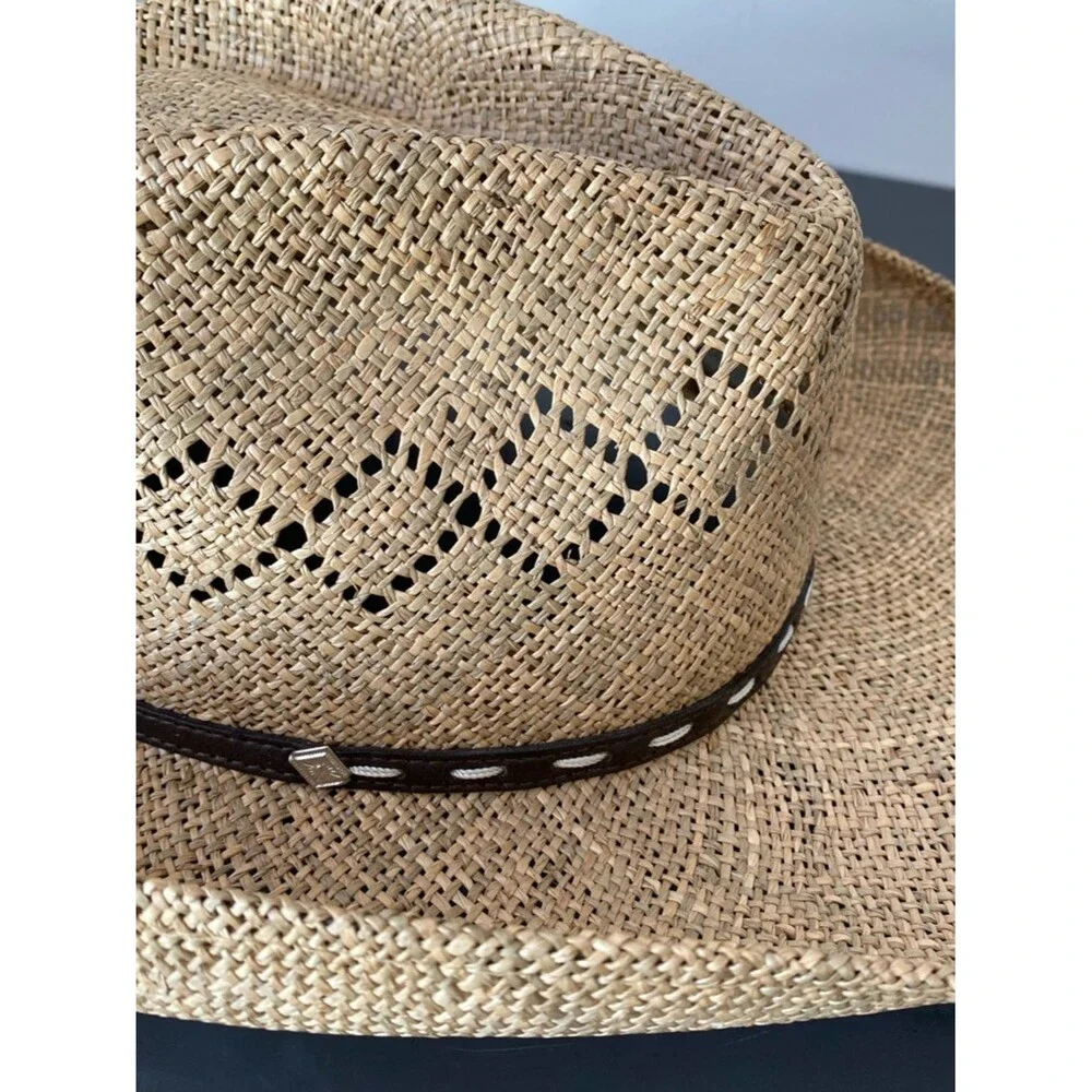 Stetson Men’s Natural Straw Cowboy Hat with Brown Leather Band Sz L Western Chic